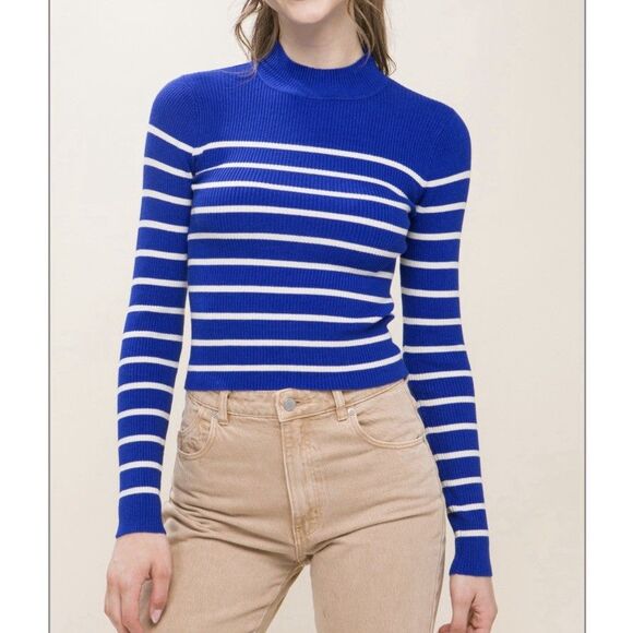 NWT Love Tree Striped Mock Neck Rib Knit Long Sleeve Top Blue Off White Medium - Picture 1 of 14